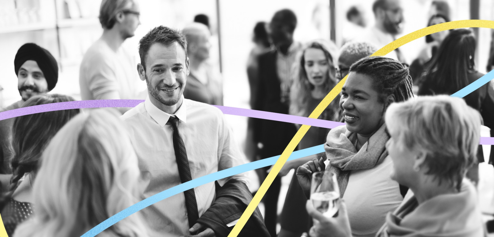 People at a networking event with illustrated ribbons passing between them