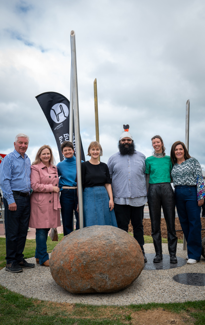 The public art launch of 'Hearthstone', celebrating family and connectedness, at Goolwa Wharf Precinct in 2024. Works by Amber Cronin, Anika Gardner, and Cedric Varcoe. Photo: Naomi Jellicoe.